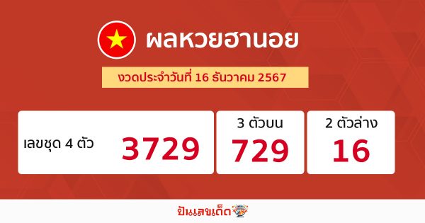 ผลหวยฮานอย 16/12/67-"Hanoi lottery results 16-12-67"