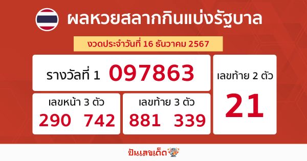 ผลหวยรัฐบาลไทย 16/12/67-"Thai government lottery results 16-12-67"