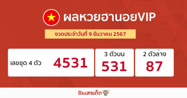 ผลหวยฮานอยVIP 9/12/67-"Hanoi VIP lottery results 91267"