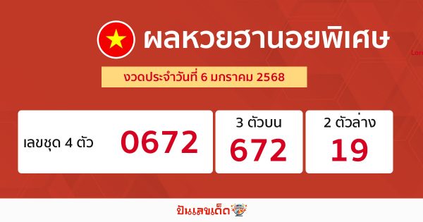 ผลหวยฮานอยพิเศษ 6/01/68 -"special hanoi lottery results 6-01-68"