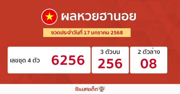 ผลหวยฮานอย 17/01/68 -" Hanoi lottery results today 17-1-68"
