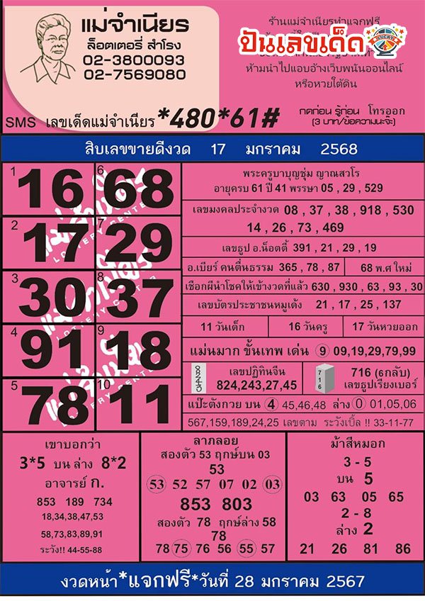 เลขแม่จำเนียร 17 1 68 -"Mother Jamnian's number 17 1 68"